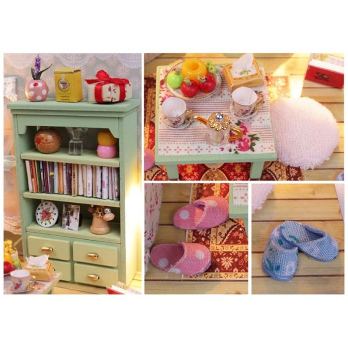 Casa de construit, artizanala din lemn DIY, dimensiune 14.6 cm, cu leduri si accesorii, Doty [6]