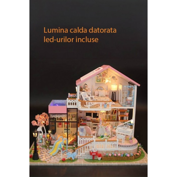Casa de construit DIY Dreamy Villa, tip macheta, miniatura artizanala, scala 1:24, cu leduri si accesorii, Doty®️ [2]