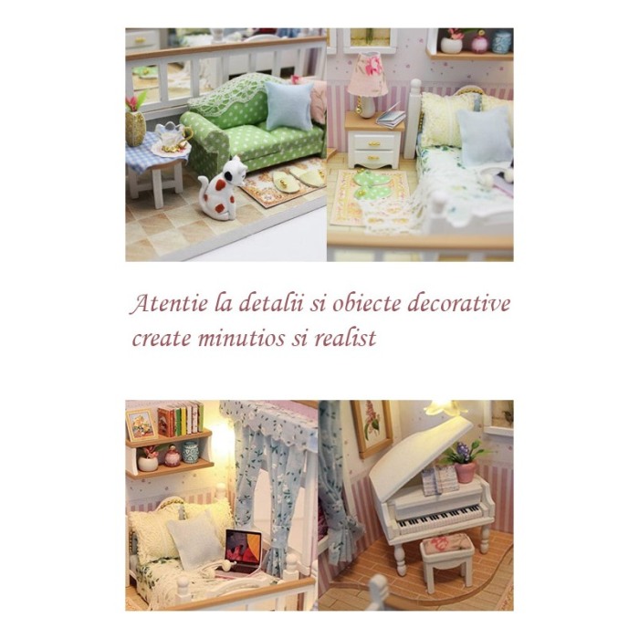 Casa de construit DIY Piano House, tip macheta, miniatura artizanala, scala 1:24, cu leduri si accesorii, Doty®️ [2]