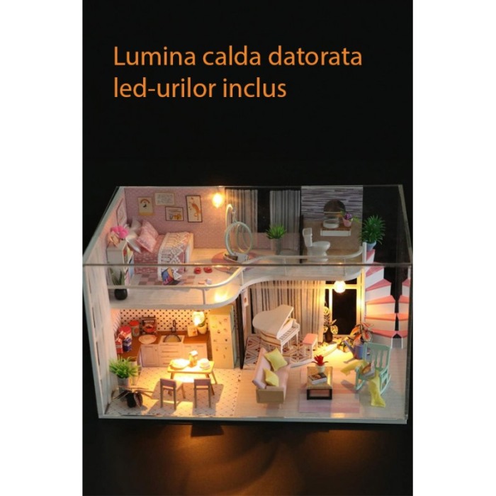 Casa de construit DIY Pinky Loft, tip macheta, miniatura artizanala, scala 1:24, cu leduri si accesorii, Doty®️ [11]