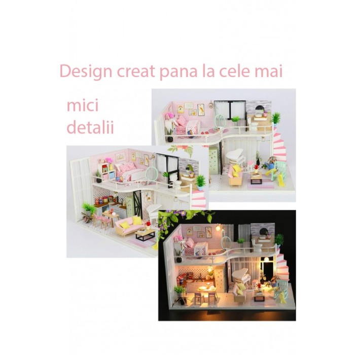 Casa de construit DIY Pinky Loft, tip macheta, miniatura artizanala, scala 1:24, cu leduri si accesorii, Doty®️ [7]