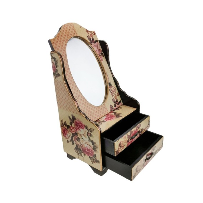 Caseta de bijuterii cu imprimeu cu trandafiri, oglinda si 2 sertare, bej, 39 cm , doty [4]