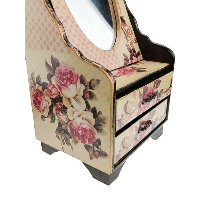 Caseta de bijuterii cu imprimeu cu trandafiri, oglinda si 2 sertare, bej, 39 cm , doty [3]