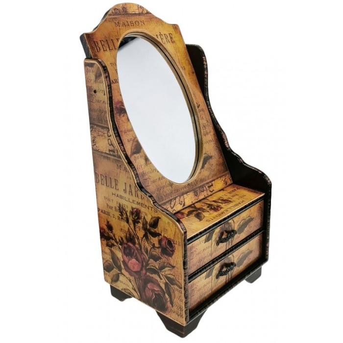 Caseta de bijuterii cu imprimeu cu trandafiri, oglinda si 2 sertare, maro, 39 cm , doty [1]