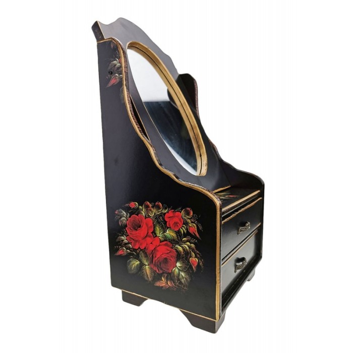 Caseta de bijuterii cu imprimeu cu trandafiri, oglinda si 2 sertare, negru, 39 cm , doty [4]
