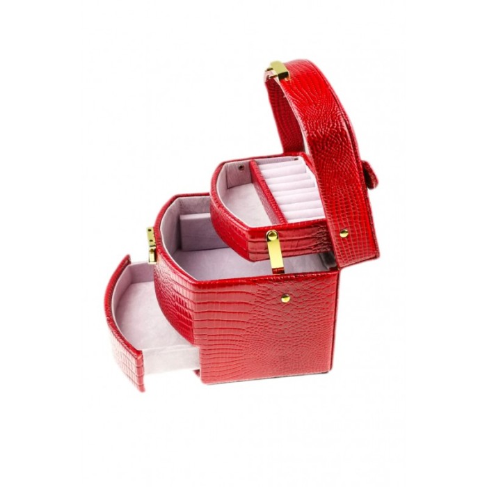 Caseta  de bijuterii, cu oglinda, sertar si multiple compartimente Piele ecologica stil Croco Culoare rosu [2]