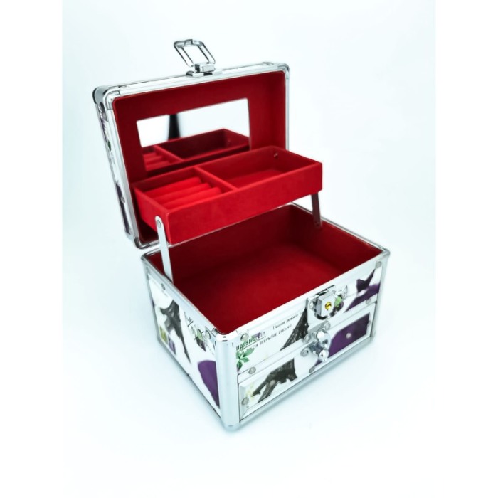 Caseta de bijuterii cu sertar, oglinda si maner, imprimeu paris ,aluminiu, 17cm , Doty [2]