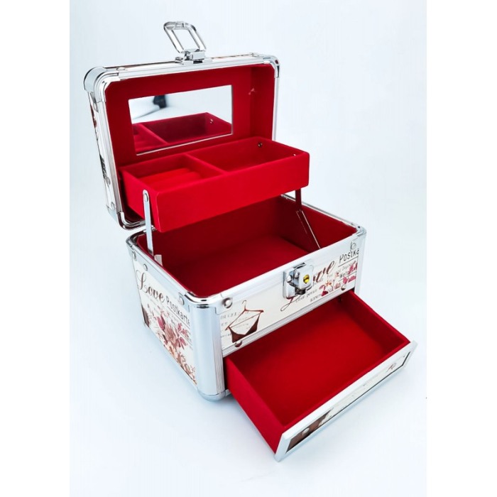 Caseta de bijuterii cu sertar, oglinda si maner, imprimeu postcard ,aluminiu, 16cm , Doty [4]