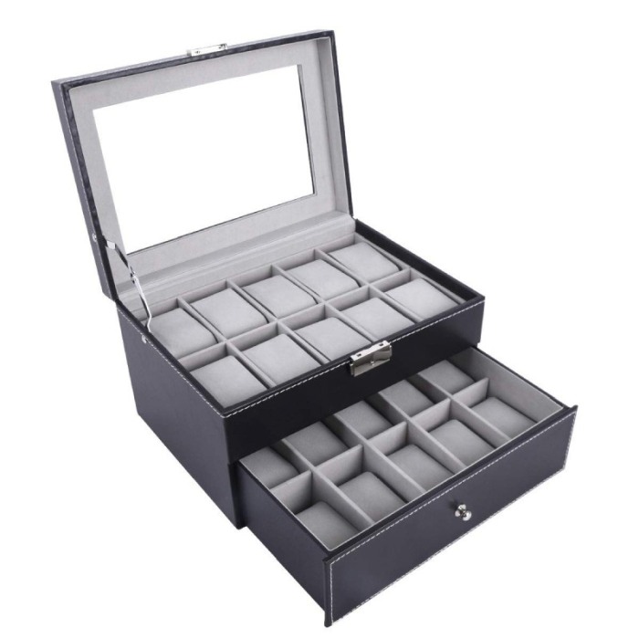 Caseta de Depozitare Ceasuri , 20 Spatii , Piele ecologica negru mat , inchidere cu clema ,28 cm , Doty [5]