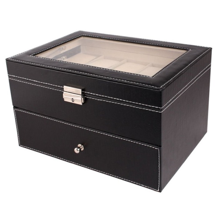 Caseta de Depozitare Ceasuri , 20 Spatii , Piele ecologica negru mat , inchidere cu clema ,28 cm , Doty [4]