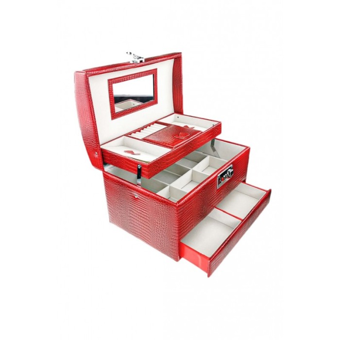 Caseta Gen Cufar de bijuterii, cu oglinda, sertar si multiple compartimente Piele ecologica stil Croco Culoare Rosie si cifru [1]