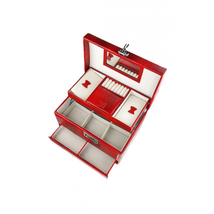 Caseta Gen Cufar de bijuterii, cu oglinda, sertar si multiple compartimente Piele ecologica stil Croco Culoare Rosie si cifru [2]