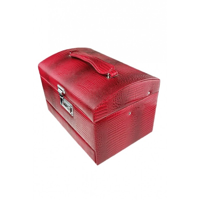 Caseta Gen Cufar de bijuterii, cu oglinda, sertar si multiple compartimente Piele ecologica stil Croco Culoare Rosie si cifru [5]
