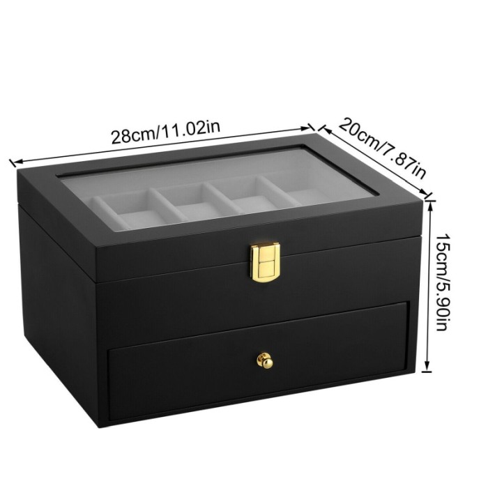 Caseta Lux de Depozitare Ceasuri 20 Spatii pe 2 nivele ,Lemn negru mat , inchidere cu clema [7]