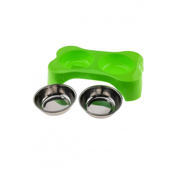 Castron dublu cu boluri detasabile pentru caini in forma de os, verde, Doty [3]