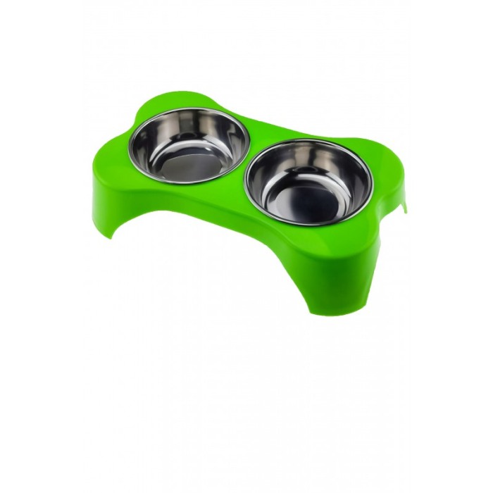 Castron dublu cu boluri detasabile pentru caini in forma de os, verde, Doty [4]