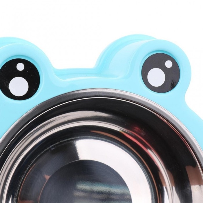 Castron dublu in forma de broasca pentru caini si pisici cu boluri din inox detasabile, Albastru, Doty [4]