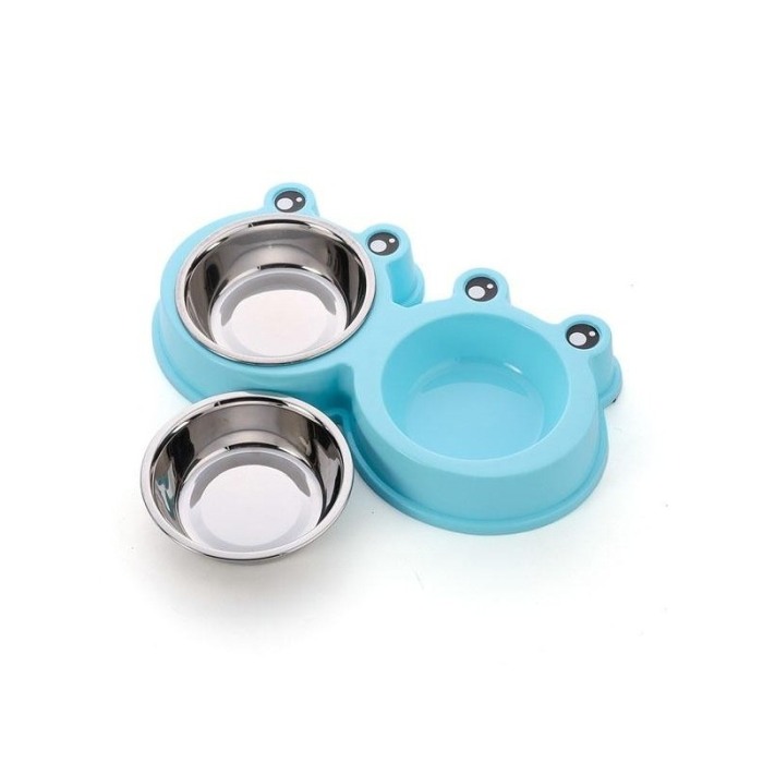 Castron dublu in forma de broasca pentru caini si pisici cu boluri din inox detasabile, Albastru, Doty [5]