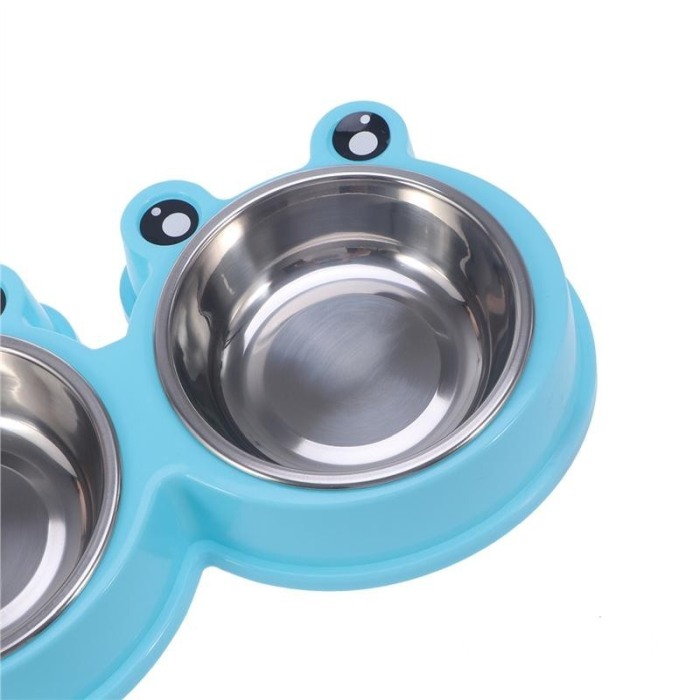 Castron dublu in forma de broasca pentru caini si pisici cu boluri din inox detasabile, Albastru, Doty [3]