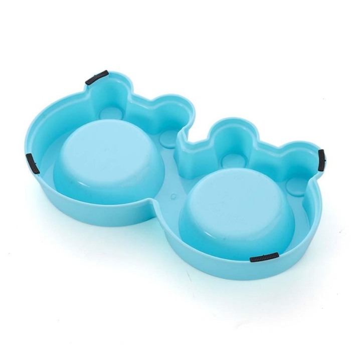 Castron dublu in forma de broasca pentru caini si pisici cu boluri din inox detasabile, Albastru, Doty [7]