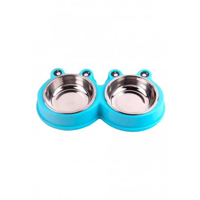Castron dublu in forma de broasca pentru caini si pisici cu boluri din inox detasabile, Albastru, Doty [1]