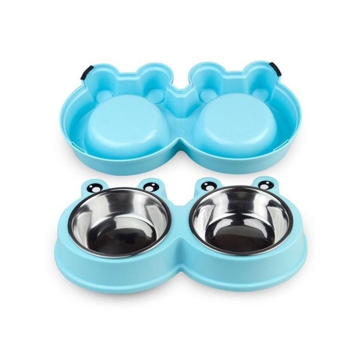 Castron dublu in forma de broasca pentru caini si pisici cu boluri din inox detasabile, Albastru, Doty [8]