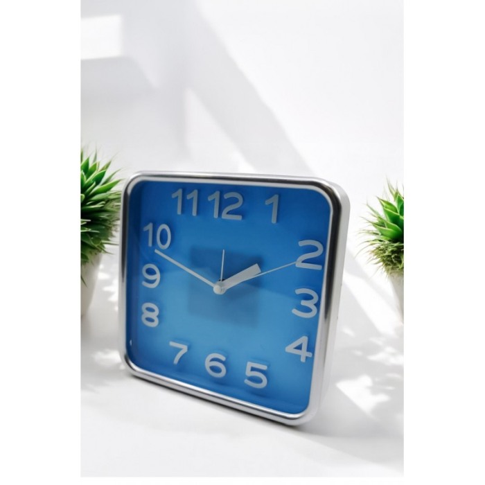 Ceas de masa AtClock Doty®, forma patrata, design minimalist, rama arginie, functioneaza cu baterie, 15 cm, albastru [4]
