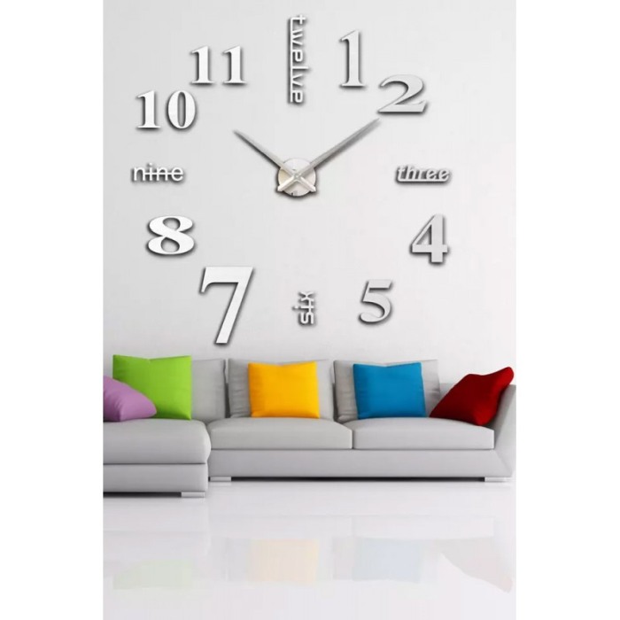Ceas de perete 3DWatch, se lipeste de perete, design creativ, 130 cm, cifre iesite in relief, argintiu [4]