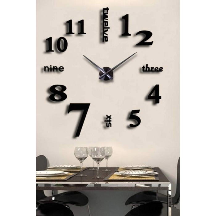 Ceas de perete 3DWatch, se lipeste de perete, design creativ, 130 cm, cifre iesite in relief, negru/argintiu [3]
