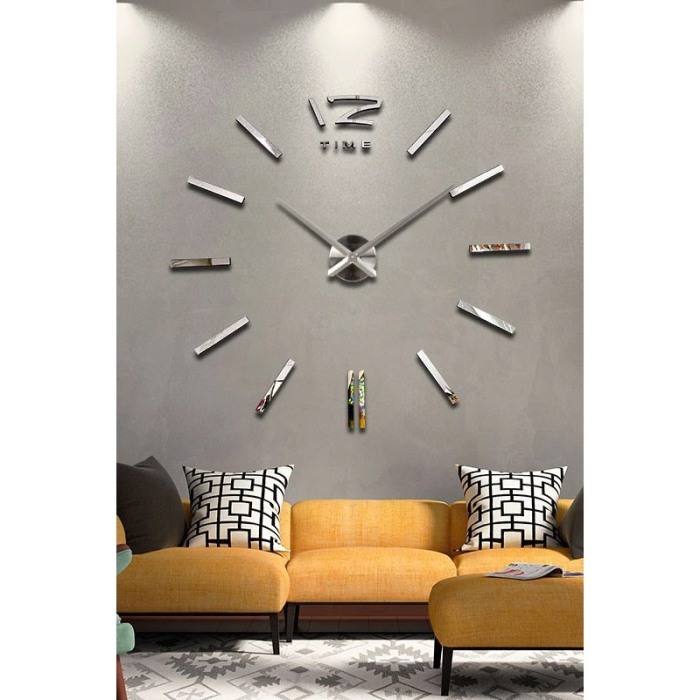 Ceas de perete Silver3DWatch, se lipeste de perete, design creativ, 100 cm, cifre iesite in relief, argintiu [4]