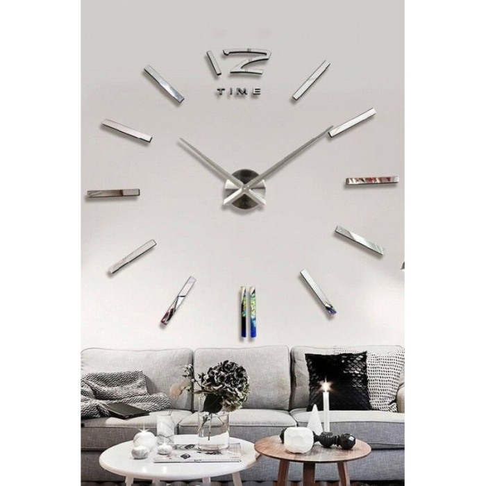 Ceas de perete Silver3DWatch, se lipeste de perete, design creativ, 100 cm, cifre iesite in relief, argintiu [3]