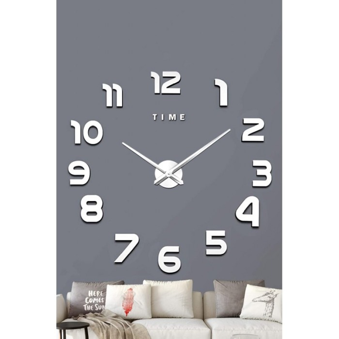 Ceas de perete Silver3DWatch, se lipeste, design creativ, 100 cm, 33 cm limba, cifre iesite in relief, argintiu [2]