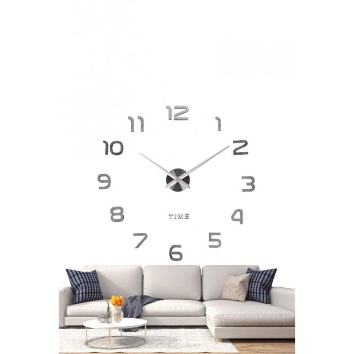 Ceas de perete Silver3DWatch, se lipeste, design creativ, 100 cm, 33 cm limba, cifre iesite in relief, argintiu [5]