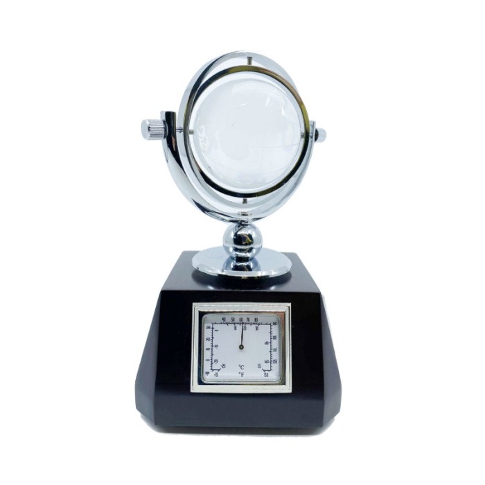 Ceas decorativ cu termometru Farenheit Globe, cu glob pamantesc de sticla, lemn maro, 16x7 cm [5]