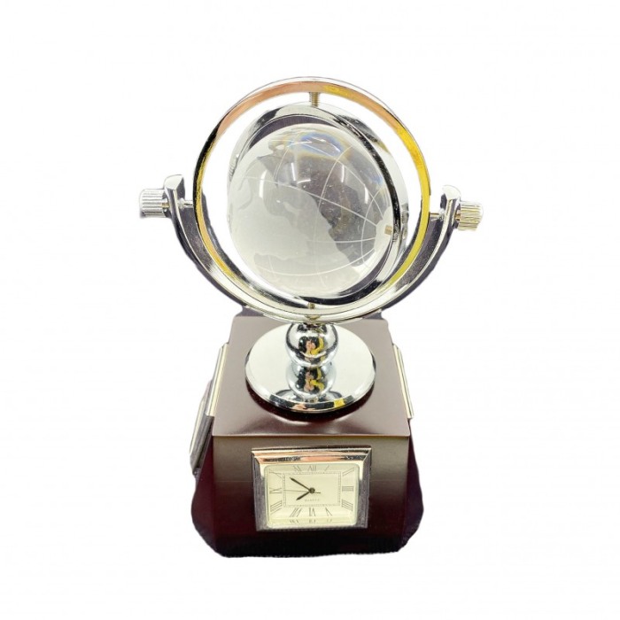 Ceas decorativ cu termometru Farenheit Globe, cu glob pamantesc de sticla, lemn maro, 16x7 cm [2]