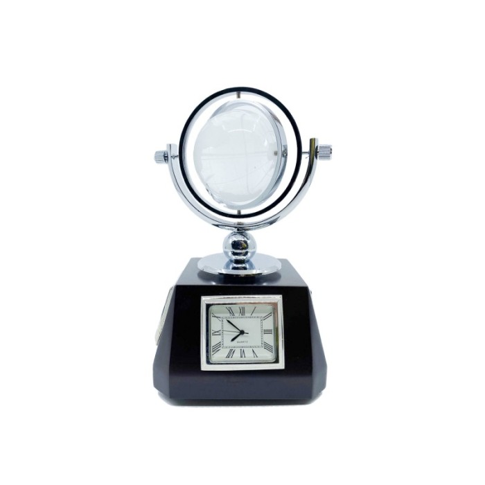 Ceas decorativ cu termometru Farenheit Globe, cu glob pamantesc de sticla, lemn maro, 16x7 cm [4]