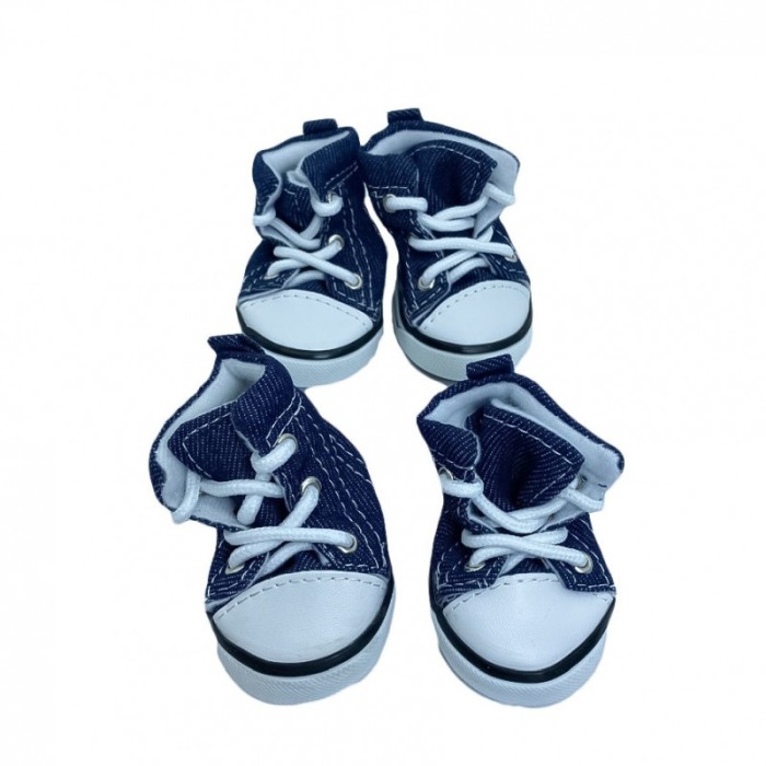 Cizmulite cu siret pentru catei de talie mica,model Jeans, masura L, bleu/alb, 7 X 5 cm [4]