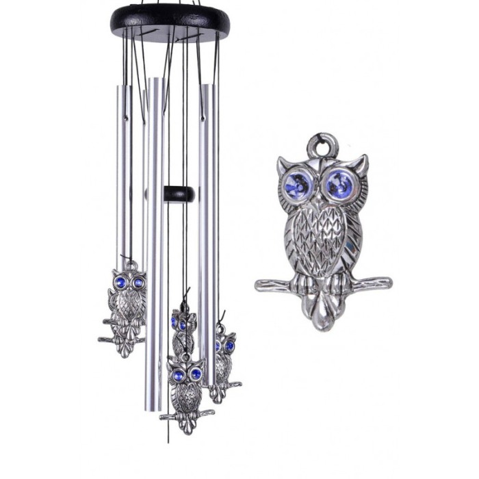 Clopotei de vant FengBlueOwl, cu bufnita intelepciunii, design elegant din metal si lemn, argintiu/negru, 65 cm, Doty®️ [4]