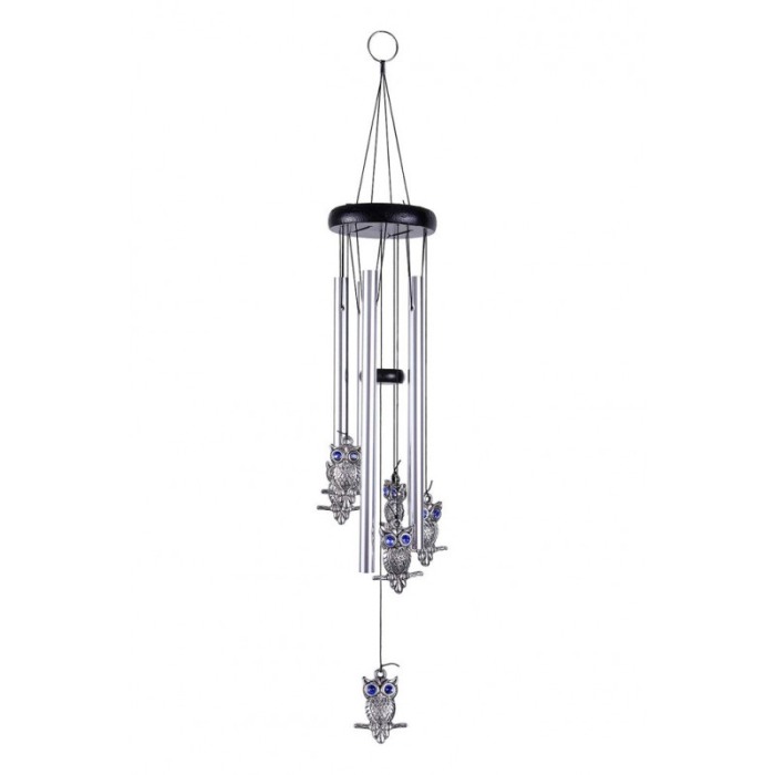 Clopotei de vant FengBlueOwl, cu bufnita intelepciunii, design elegant din metal si lemn, argintiu/negru, 65 cm, Doty®️ [2]