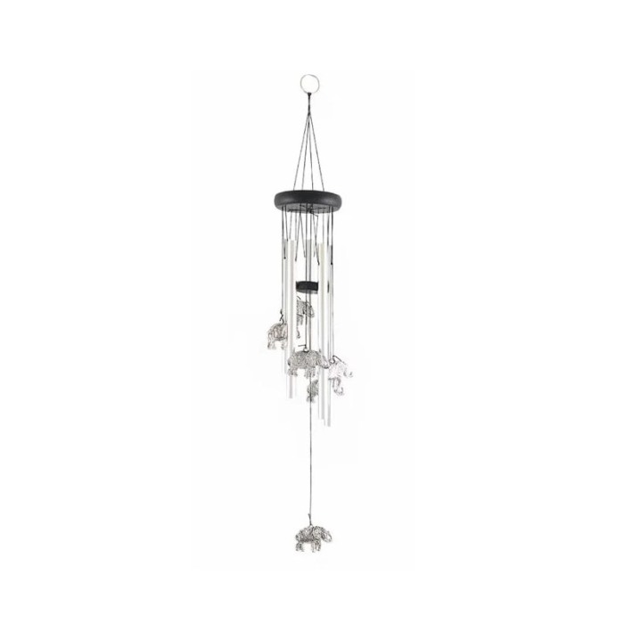 Clopotei de vant FengElephant, cu elefantul norocos, design elegant din metal si lemn, argintiu/negru, 65 cm, Doty®️ [1]