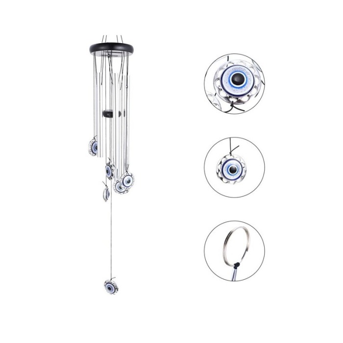Clopotei de vant FengEye, cu ochiul protector, design elegant din metal si lemn, culoare argintiu, 67 cm, Doty®️ [4]