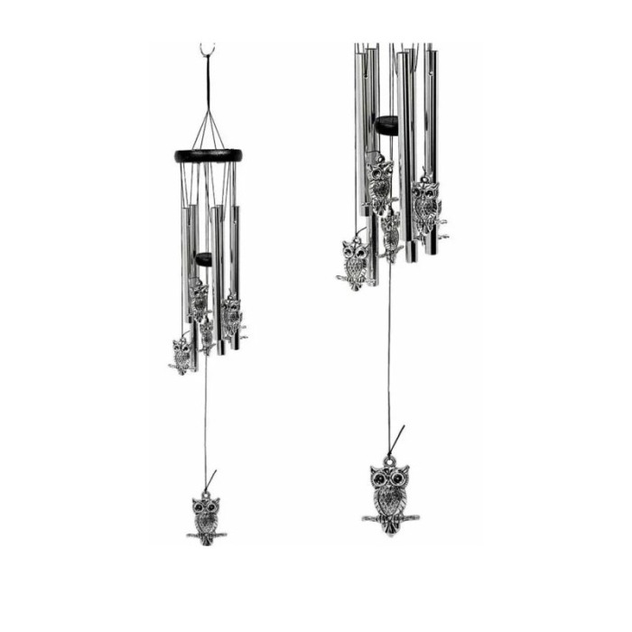 Clopotei de vant FengOwl, cu bufnita intelepciunii, design elegant din metal si lemn, argintiu/negru, 65 cm, Doty®️ [4]