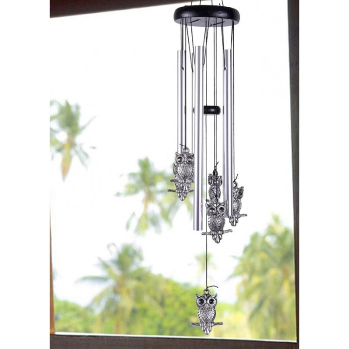 Clopotei de vant FengOwl, cu bufnita intelepciunii, design elegant din metal si lemn, argintiu/negru, 65 cm, Doty®️ [2]