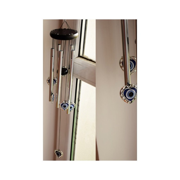 Clopotei de vant HeartFengEye, cu ochiul protector, design elegant din metal si lemn, culoare argintiu, 67 cm, Doty®️ [3]
