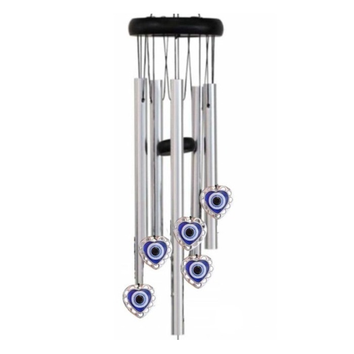 Clopotei de vant HeartFengEye, cu ochiul protector, design elegant din metal si lemn, culoare argintiu, 67 cm, Doty®️ [2]
