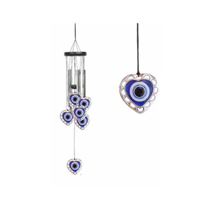 Clopotei de vant HeartFengEye, cu ochiul protector, design elegant din metal si lemn, culoare argintiu, 67 cm, Doty®️ [1]