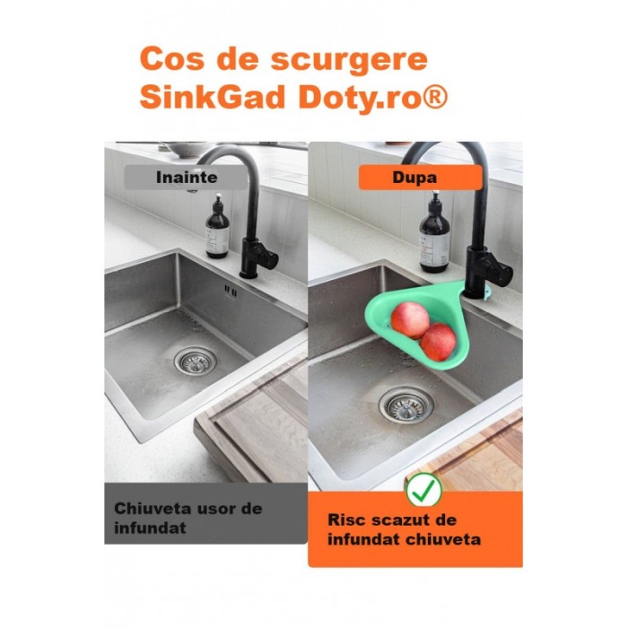 Cos scurgere multifunctional pentru chiuveta SinkGad Doty.ro®, 27x24 cm, sistem de prindere, materiale de calitate, verde [4]