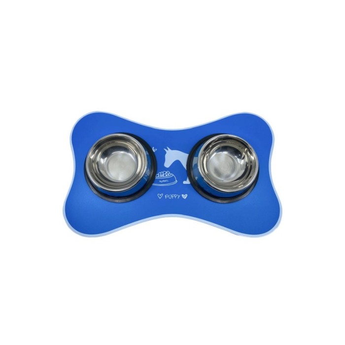 Covoras Happy Puppy, din plastic, suport pentru bolurile de mancare sau apa, forma os, 50x30 cm, albastru [3]