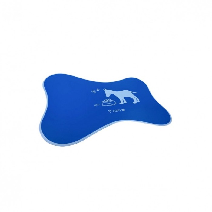 Covoras Happy Puppy, din plastic, suport pentru bolurile de mancare sau apa, forma os, 50x30 cm, albastru [2]