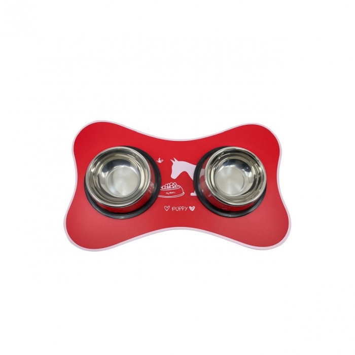 Covoras Happy Puppy, din plastic, suport pentru bolurile de mancare sau apa, forma os, 50x30 cm, rosu [5]